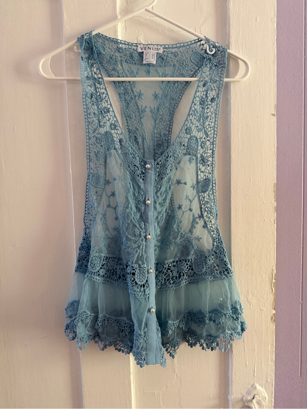 VENUS Teal Lace Crochet Pearl-Button Tank